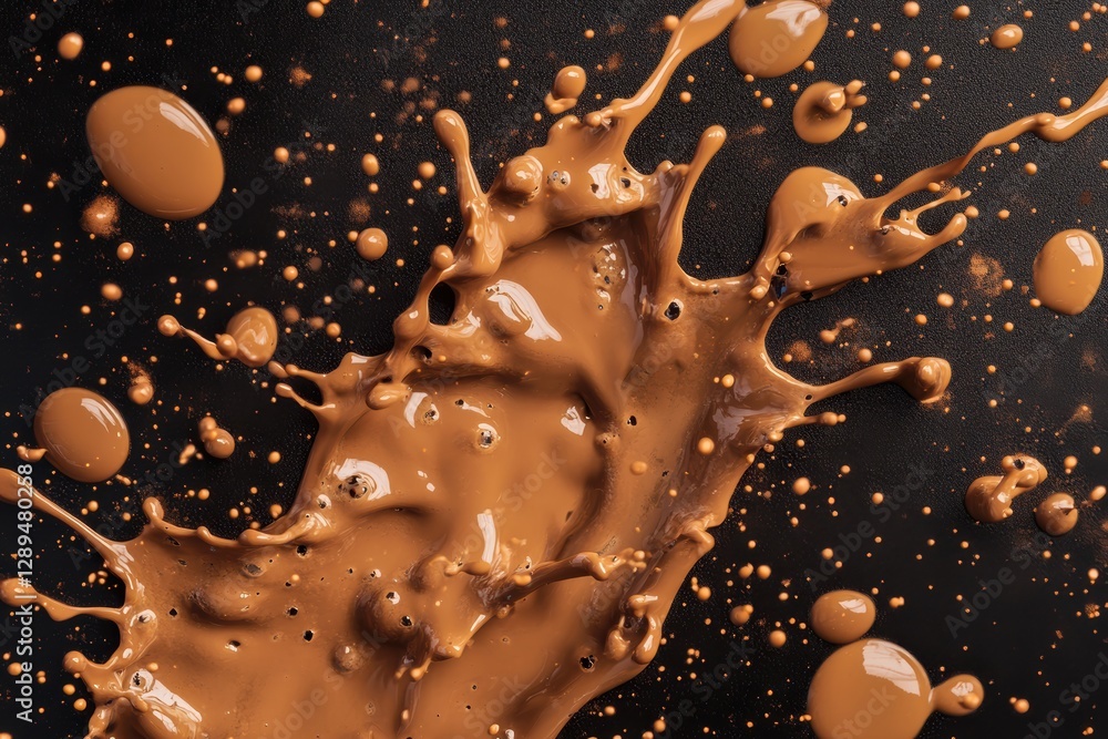 Poster captivating splashes of brown liquid on a dark background create a stunning visual effect