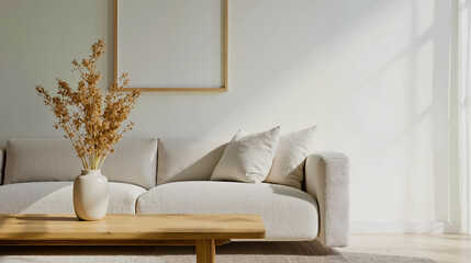 A living room with a couch coffee table and a vase of dried flowers