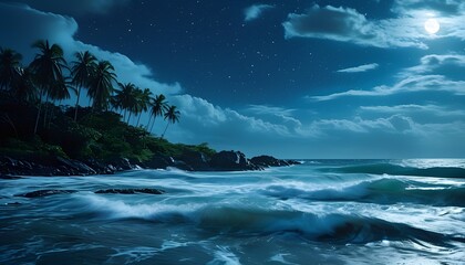 A tranquil night scene of a tropical beach with palm trees under a starry sky and moonlight