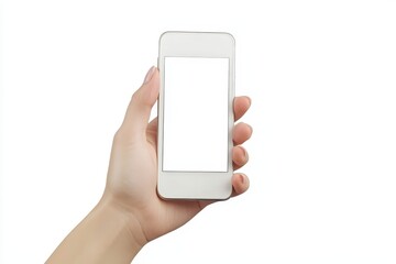 Hand holding smartphone on white background for modern communication - Close-up of a hand holding a smartphone with a blank screen symbolizing technology, connection, communication, innovation
