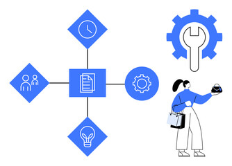 Clock, document, group, gear, and bulb icons connected in network with gear and wrench on side. Woman holding tools and suitcase. Ideal for teamwork, productivity, time management collaboration