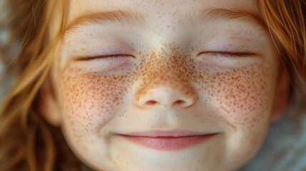 A close-up image of a child's face with freckles, smiling joyfully. The image captures the innocence and joy of childhood, emphasizing the charming and playful nature of freckles.