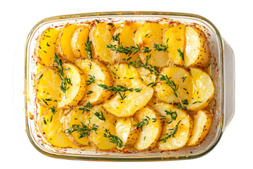 Top view homemade potato gratin isolated transparent