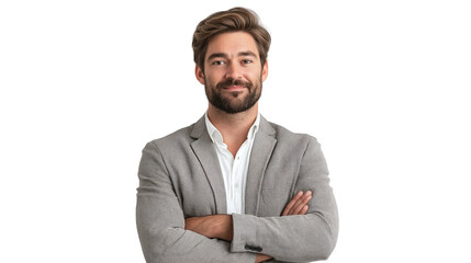 Tech startup founder in a smart casual blazer, innovative and visionary look, confident and relaxed, isolated on a white background