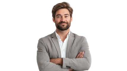 Tech startup founder in a smart casual blazer, innovative and visionary look, confident and relaxed, isolated on a white background