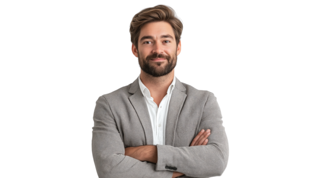 Tech startup founder in a smart casual blazer, innovative and visionary look, confident and relaxed, isolated on a white background