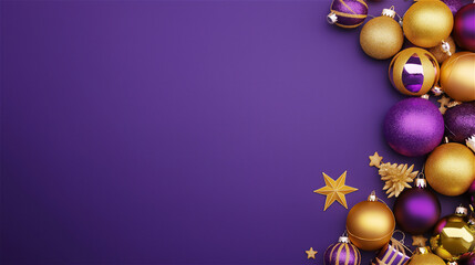 A festive background featuring purple and gold ornaments along with small stars, perfect for holiday or celebratory themes. A beautiful blend of colors and sparkle.