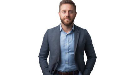 Tech startup founder in a smart casual blazer, innovative and visionary look, confident and relaxed, isolated on a white background