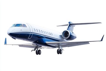 Jet Airplane Isolated on White Background - Sleek jet airplane in blue and white design symbolizes luxury travel, aviation technology, business transport, speed, and modern design