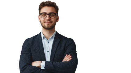 Tech startup founder in a smart casual blazer, innovative and visionary look, confident and relaxed, isolated on a white background