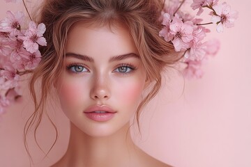 Fototapeta premium Creative promotional flyer layouts featuring a young woman with flowers in a vibrant setting