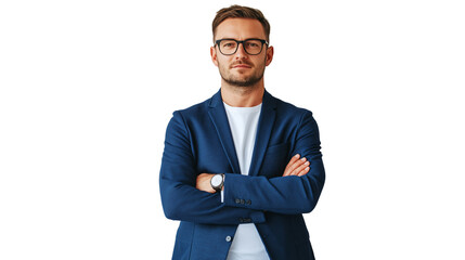 Tech startup founder in a smart casual blazer, innovative and visionary look, confident and relaxed, isolated on a white background