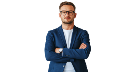 Tech startup founder in a smart casual blazer, innovative and visionary look, confident and relaxed, isolated on a white background