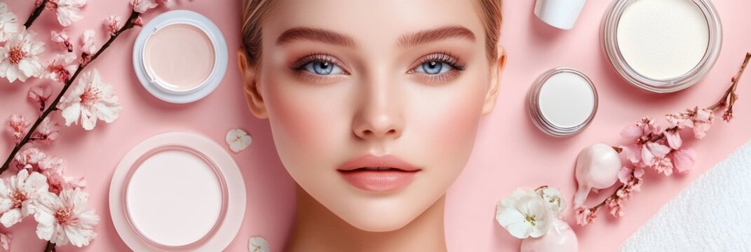 Promotional flyer graphic layout featuring beauty products and skincare