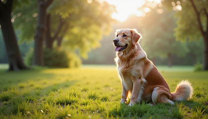 Golden Retriever with Peaceful Mood Sitting at Sunset in a Grassy Park