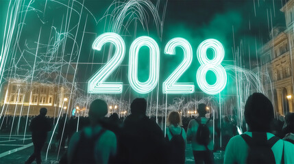 A futuristic cityscape featuring glowing numbers '2028' in neon lights, set against an abstract background with a sense of movement and energy.