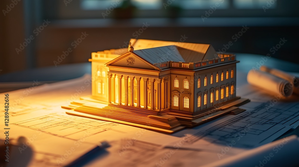 Poster architectural model on blueprint plans creating a building design concept