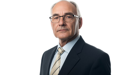 Senior manager in a formal business outfit, authoritative and experienced expression, slight confident smirk, isolated on a white background
