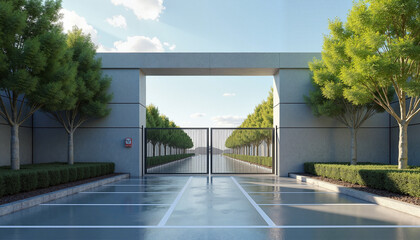 Modern Black Gate Serene Mood Lakeside View Sunny Day