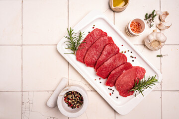 Raw sliced beef or lamb tenderloin meat