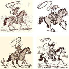 a cowboy bucking horse lassoing  vintage retro vector