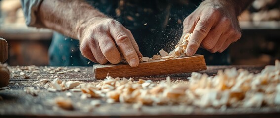 Aged carpenter's hands skillfully chiseling wood at a workbench, highlighting intricate details and textures in a serene, focused environment