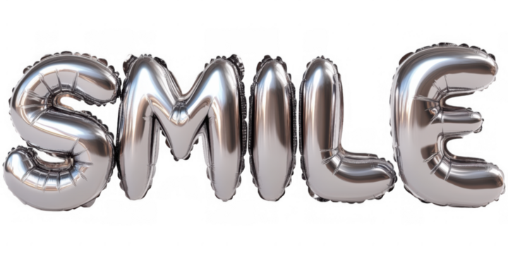 Silver balloons spell smile against a white background for celebration or event decoration