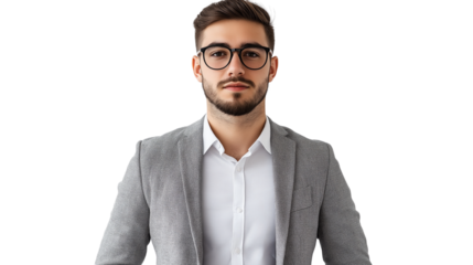 Young entrepreneur in a modern gray blazer, trendy glasses, focused and determined look, isolated on a white background