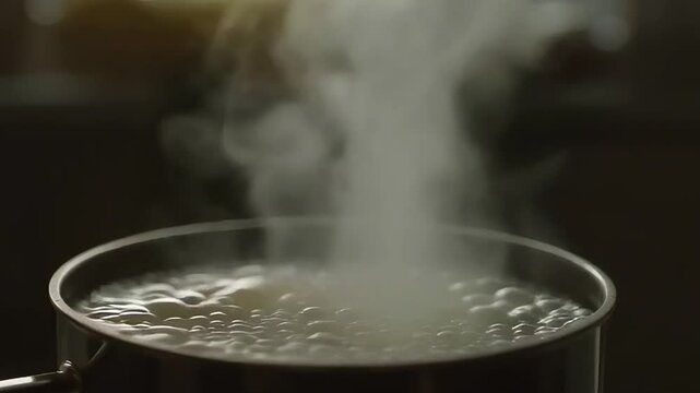 Dramatic Boiling Water with Volcanic Steam Plumes in Moody Dark Kitchen. Cinematic Style with Amber Tones. Concept: Culinary Intensity, Film Noir