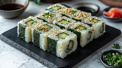 Delicious avocado sushi rolls on slate, garnished with sesame seeds, served with soy sauce and pickled ginger