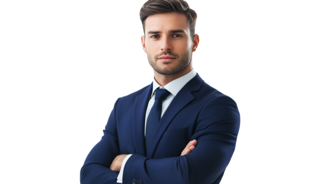Corporate executive in a sharp navy-blue suit, serious yet welcoming expression, well-groomed appearance, isolated on a white background