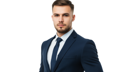 Corporate executive in a sharp navy-blue suit, serious yet welcoming expression, well-groomed appearance, isolated on a white background