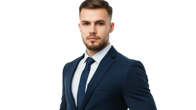Corporate executive in a sharp navy-blue suit, serious yet welcoming expression, well-groomed appearance, isolated on a white background