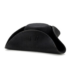 A black felt tricorn hat, presented against a white background