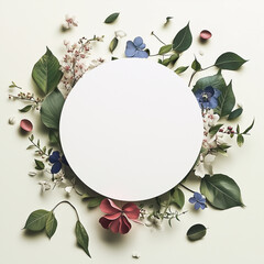 A beautiful, fresh frame featuring a lush arrangement of flowers and greenery surrounding a circular blank space, evoking a vibrant, natural atmosphere perfect for spring or nature-themed designs.