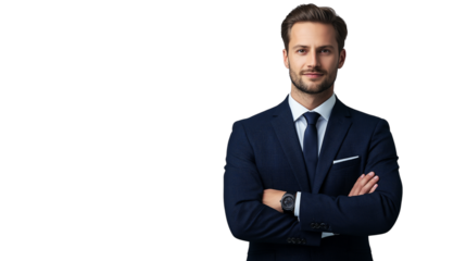 Corporate executive in a sharp navy-blue suit, serious yet welcoming expression, well-groomed appearance, isolated on a white background