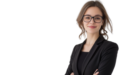 Confident businesswoman in a tailored black blazer, professional hairstyle, stylish glasses, warm and approachable smile, isolated on a white background