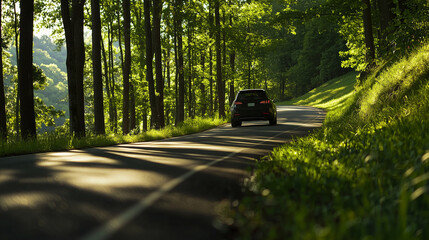 Silent electric vehicle gliding through a lush forest road