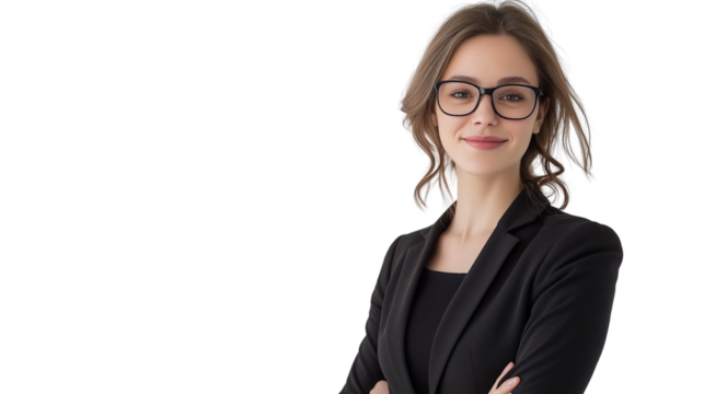 Confident businesswoman in a tailored black blazer, professional hairstyle, stylish glasses, warm and approachable smile, isolated on a white background