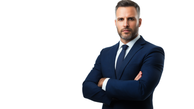 Corporate executive in a sharp navy-blue suit, serious yet welcoming expression, well-groomed appearance, isolated on a white background