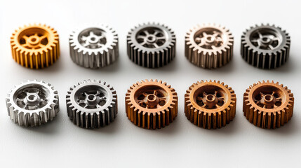 Colorful gears made of various materials arranged in a pattern on a neutral surface to showcase their distinct textures and finishes