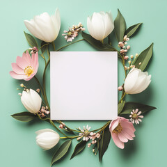 A delicate pastel-colored floral arrangement surrounding a white square frame. Soft pinks and peaches blend harmoniously with the greenery, creating a serene and elegant vibe.