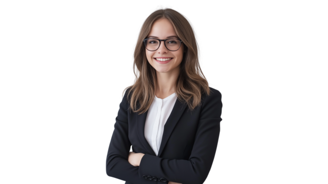 Confident businesswoman in a tailored black blazer, professional hairstyle, stylish glasses, warm and approachable smile, isolated on a white background