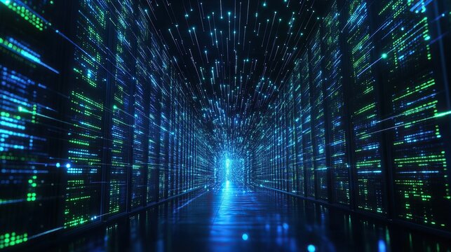 Hundreds of glowing blue and green data grids suspended mid-air in an endless black chamber