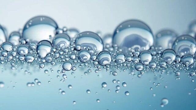  Slow-Motion Water Bubbles Gently Floating on Liquid Surface in Turquoise Tones. Concept: Relaxation, Science, Digital Background