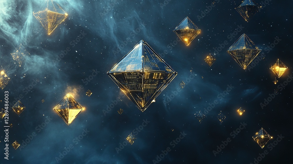 Poster interconnected diamond-shaped data grids floating in an abstract deep space environment