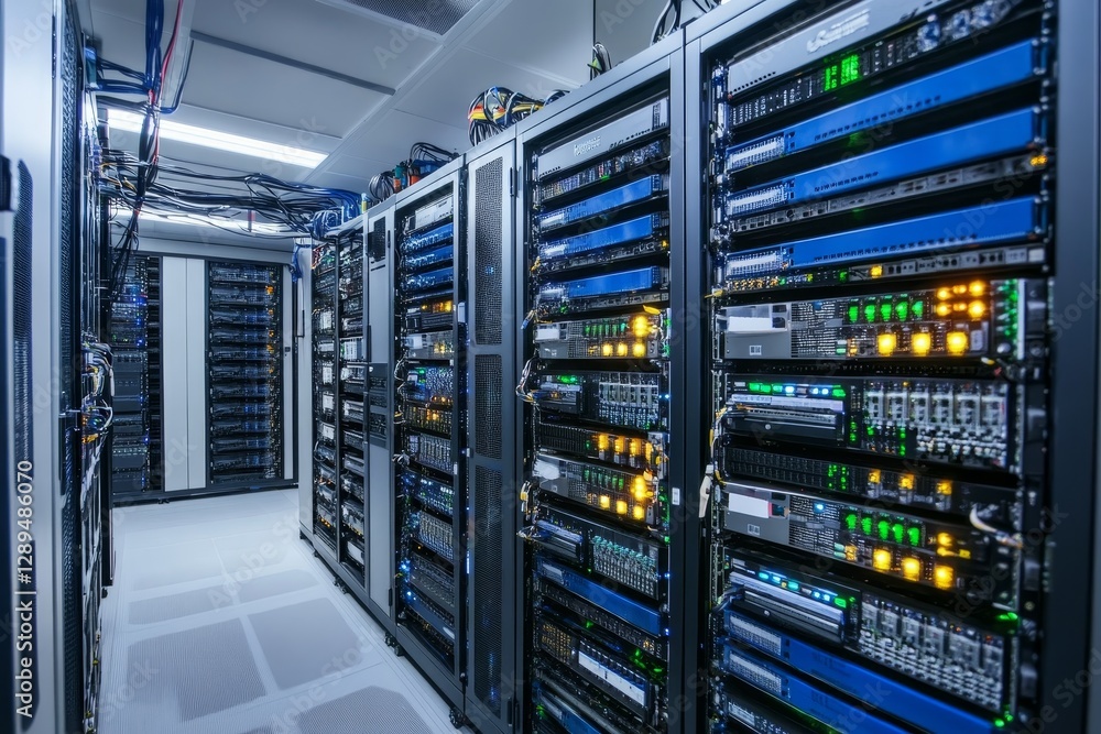 Aufkleber modern data center with high-tech servers - a detailed view of a modern data center showcasing rows 