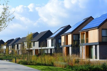 Obraz premium Modern Eco Friendly Homes with Solar Panels - A row of modern eco-friendly houses featuring solar panels, surrounded by greenery under a blue sky with clouds