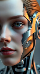 Cyborg Woman Portrait: Half Human Half Robot Face with Futuristic Technology