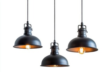 Modern Industrial Pendant Lighting Design - Three stylish black pendant lights with warm bulbs, perfect for modern interior decor and ambiance enhancement
